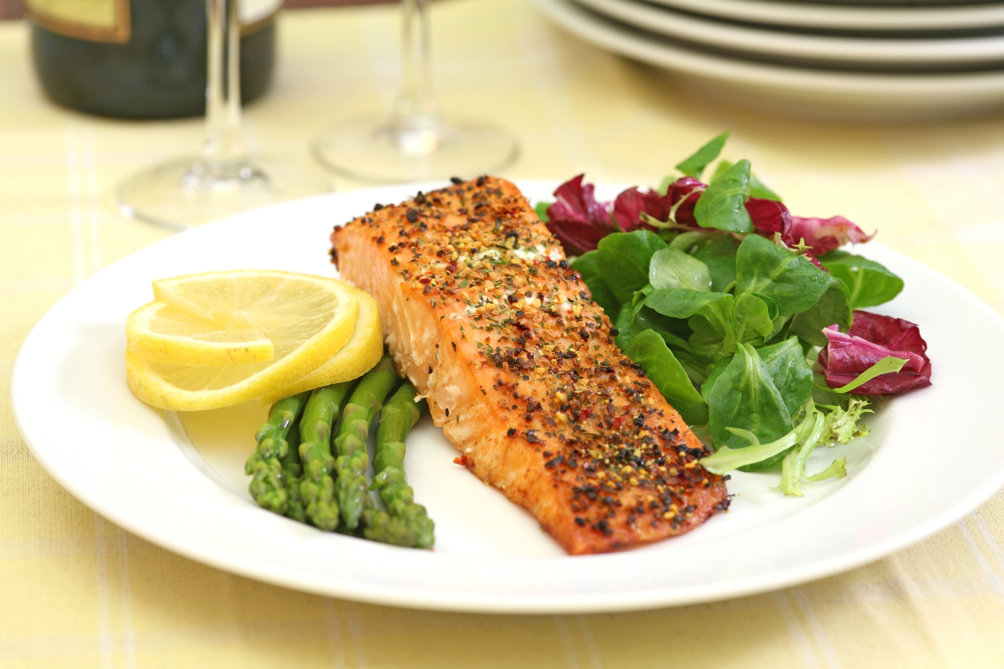 Baked Salmon With Green Salad and Asparagus.